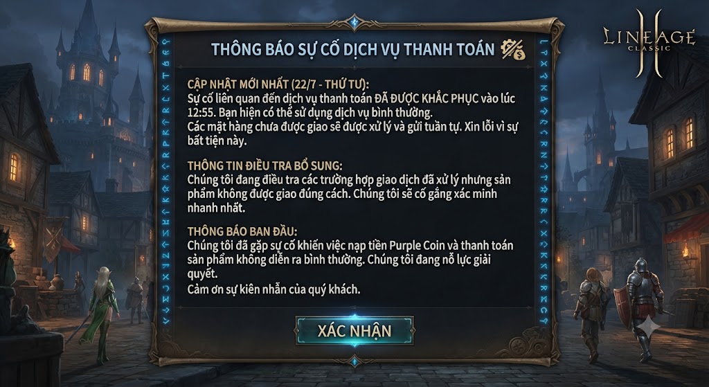 Thông báo liên quan đến việc nạp tiền và thanh toán trong Lineage Classic